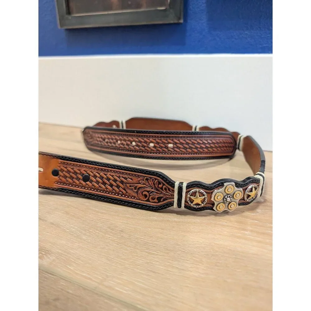 Silver Creek Tooled Leather Belt Western Sheriff Star Revolver Concho Sz 34